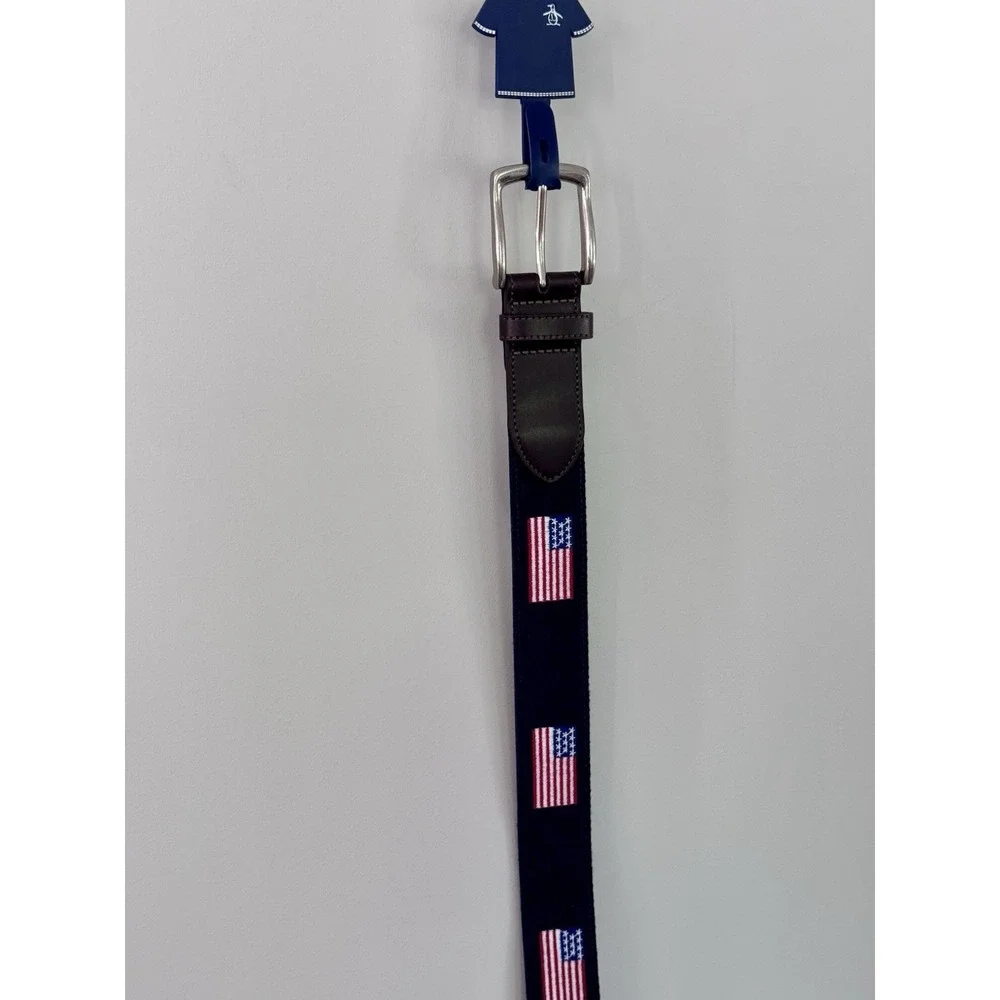 NWT Original Penguin Needlepoint Belt 30 | American Flag Embroidered | Leather
